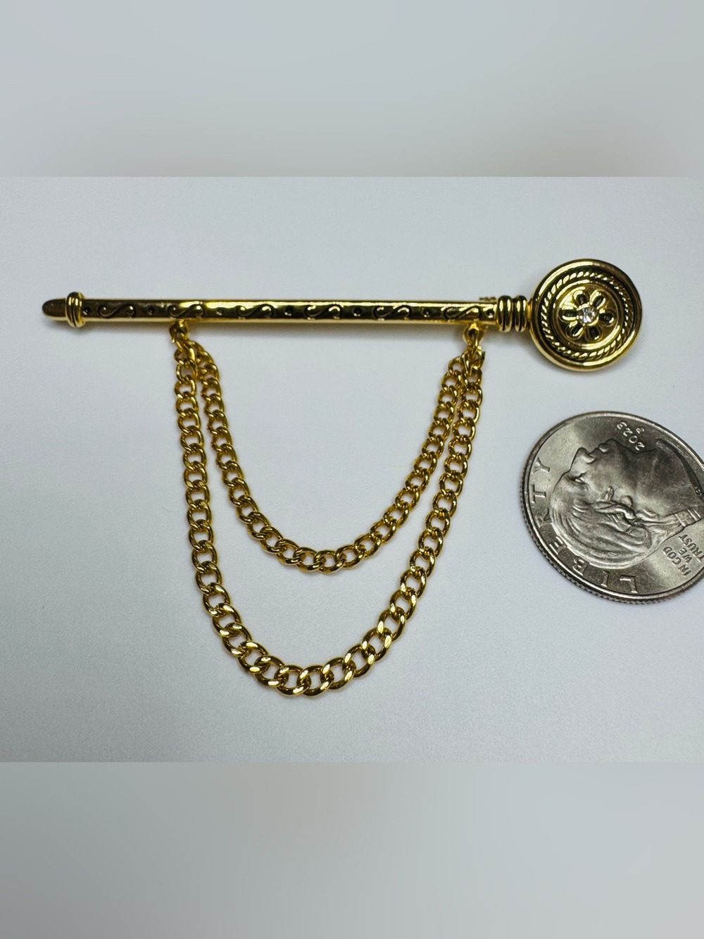 Gold-Tone Double Chain Bar Brooch with Crystal Accent